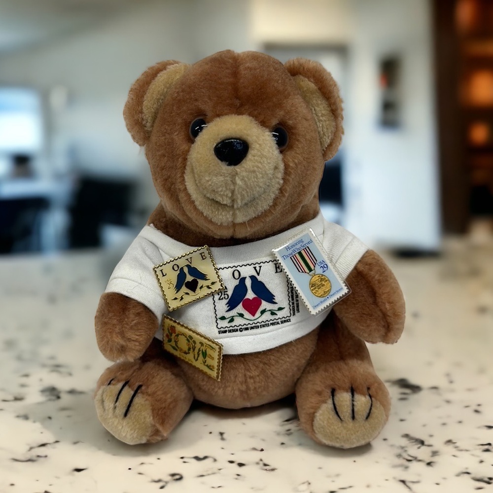 Vintage 1996 USPS Love Stamp Teddy Bear Plush w/ Attached Pins and Shirt 8" EUC